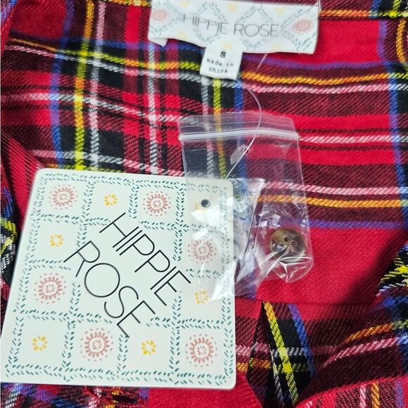 Hippie Rose -658 NWT Red Black Plaid Long Sleeve Front Knot Button Down Shirt S - Picture 4 of 9